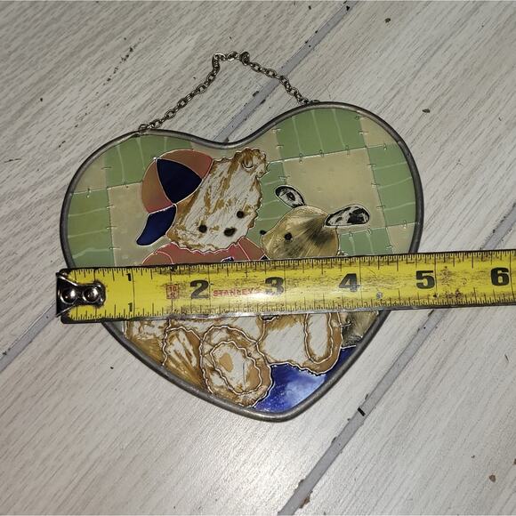 Vtg Heart-Shaped Stained Glass Bear & Bunny Sun Catcher Boho Kidcore - Picture 3 of 6